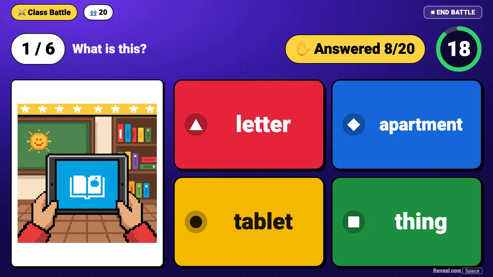 A picture question on the projector with four colored answers and a countdown