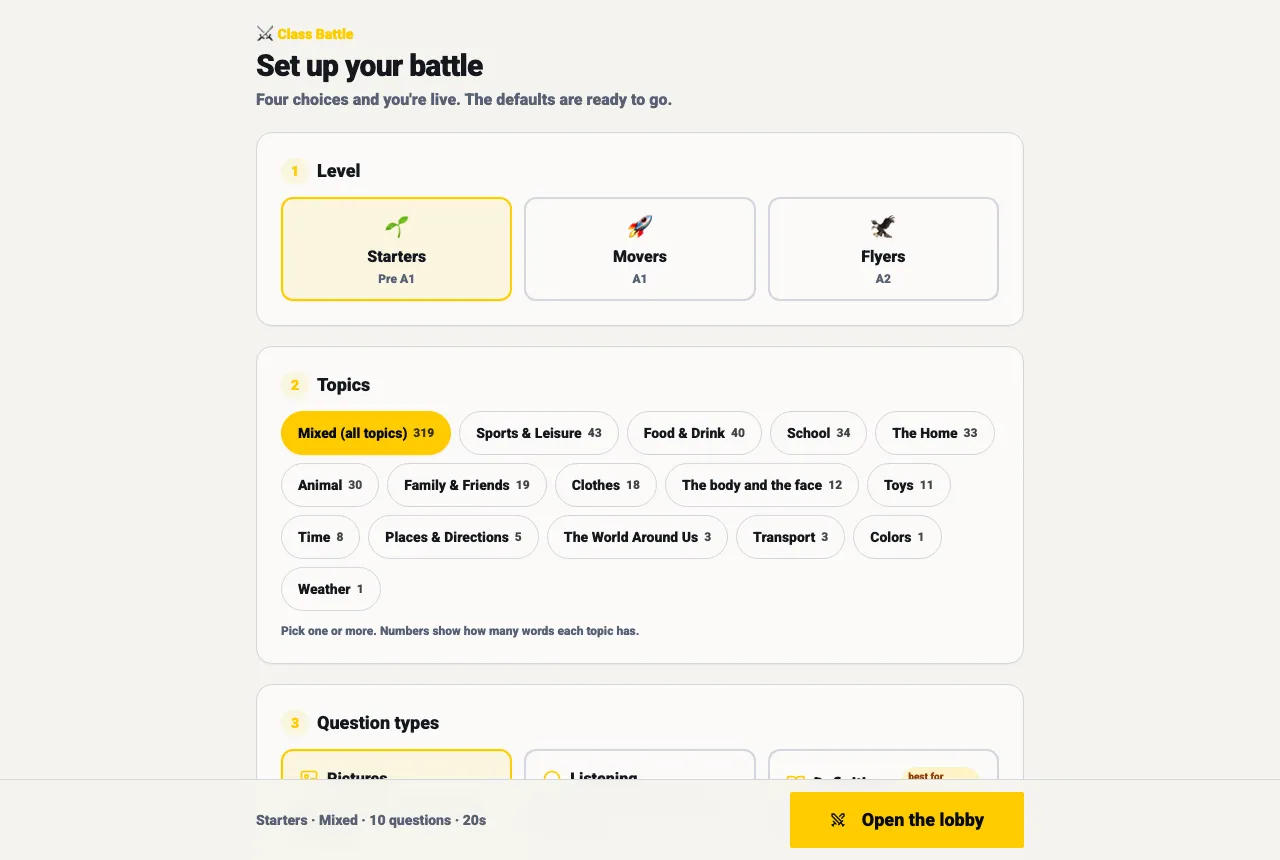 Class Battle setup screen with level, topic and question type choices