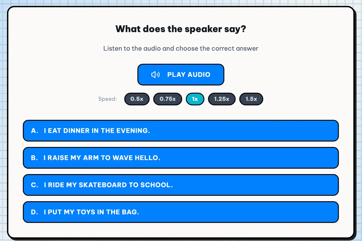 A Listen & Choose question with a play-audio button, speed choices and four answers