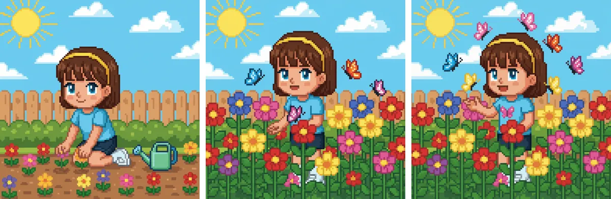 A Story Writing prompt: three pictures of a girl planting flowers, then butterflies arriving