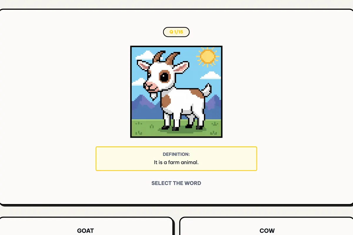 A Vocabulary Tower question: a pixel-art animal picture, a one-line clue and word choices